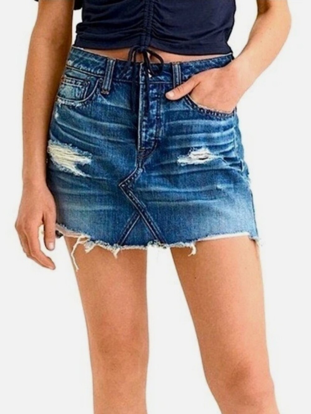 American Eagle Women High Rise Distressed Blue Mini Denim Skirt Size 6